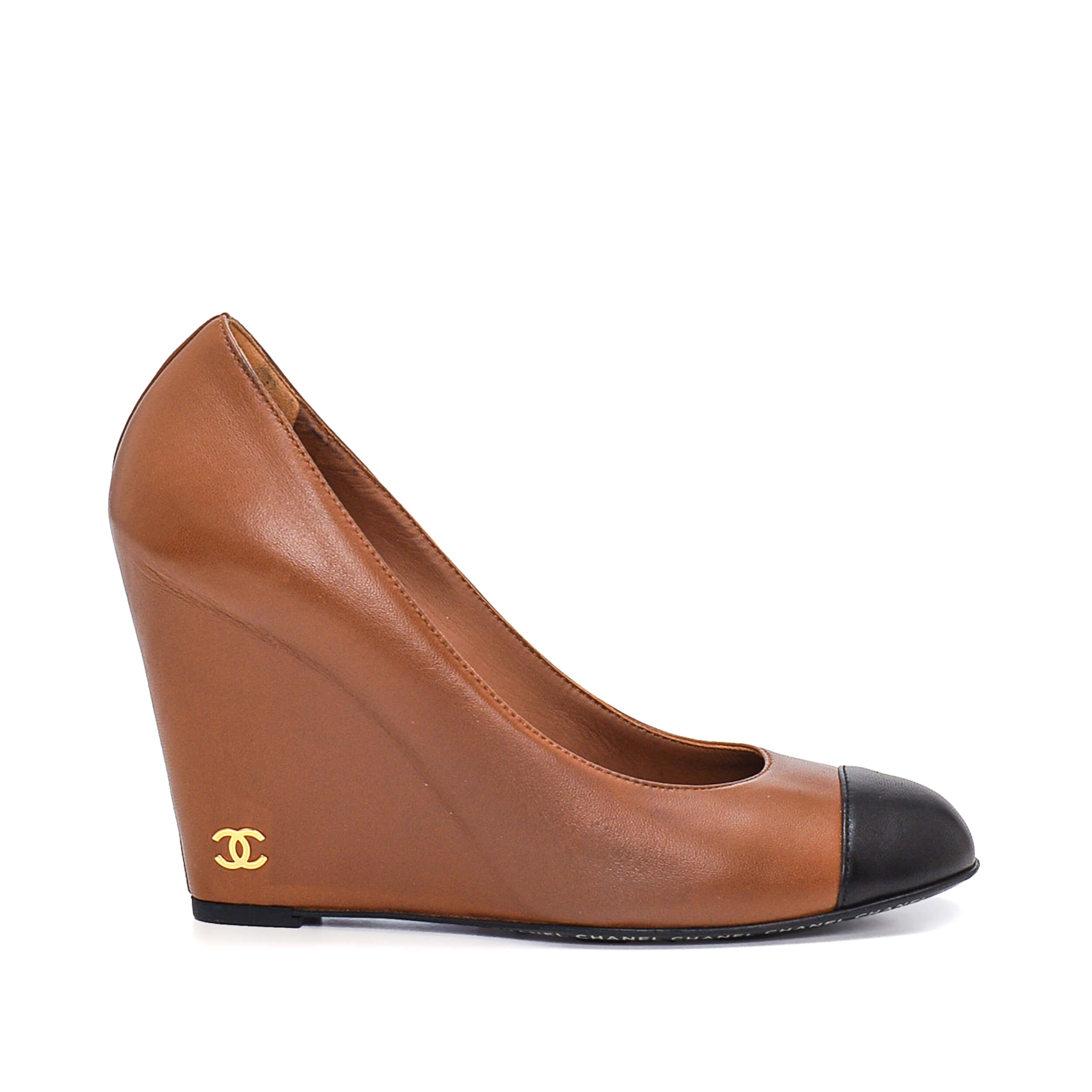 Chanel - Brown&Black Leather Wedge Pump